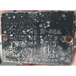 1937 Buick Special 4 Dr Body Data Plate Trim Tag VIN Vinplate ID Original